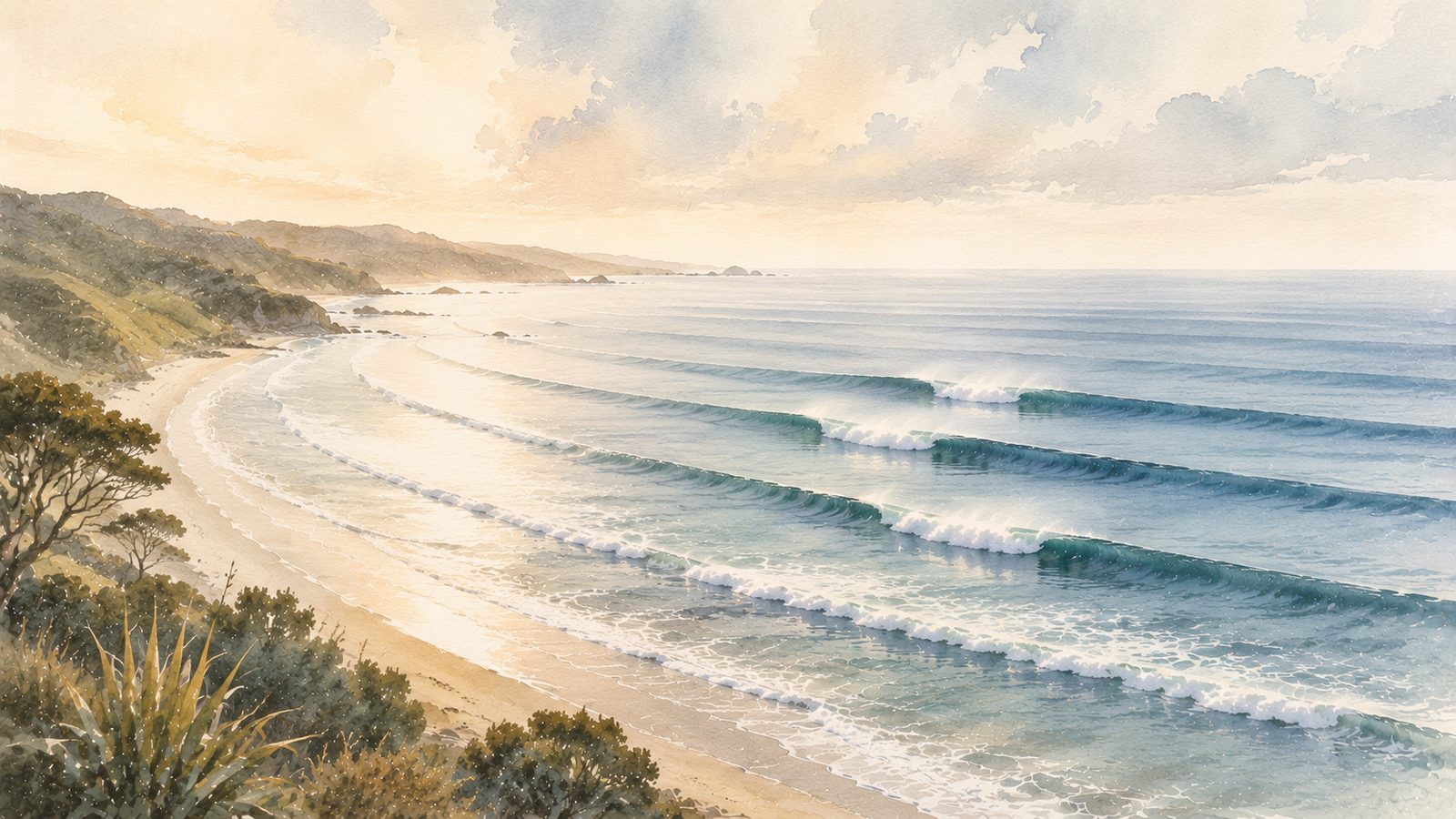 Watercolour of a point break peeling along a sandy bay