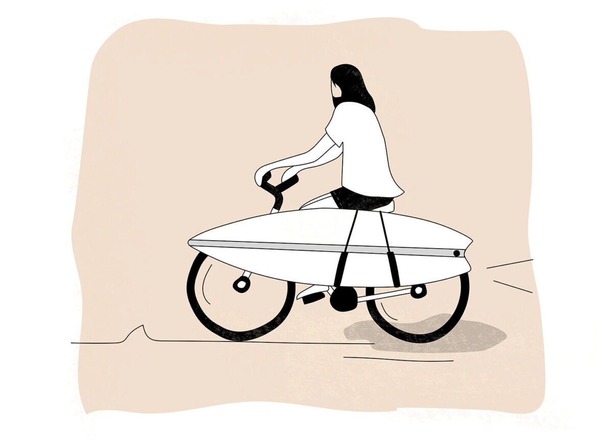 Surfer on bike illustration e1668380458604