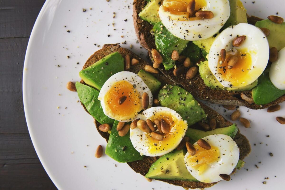 Eggs with whole grain toast and avocado image