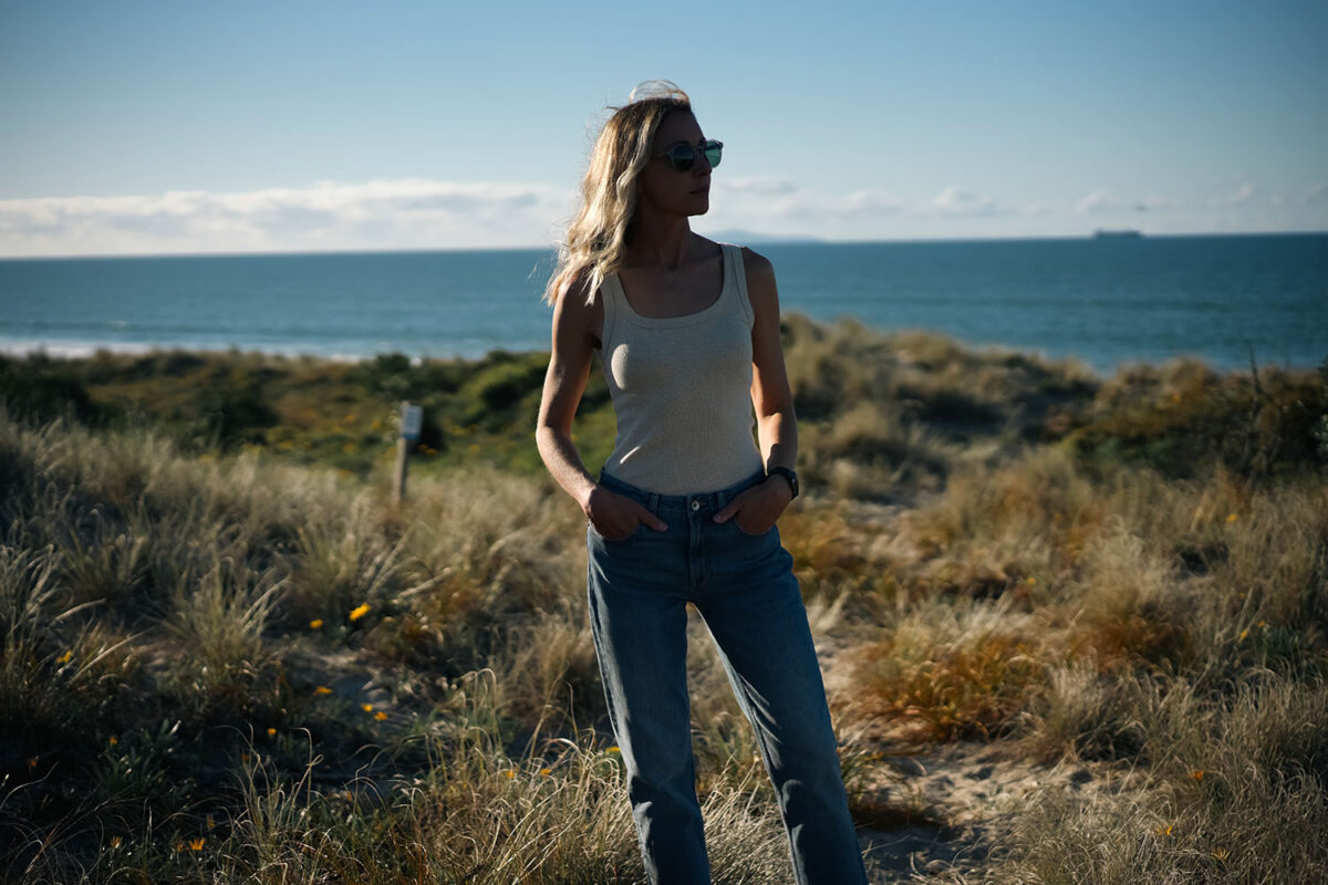 Geniya wearing the Outerknown Sojourn Ribbed Tank in Oatmeal Heather