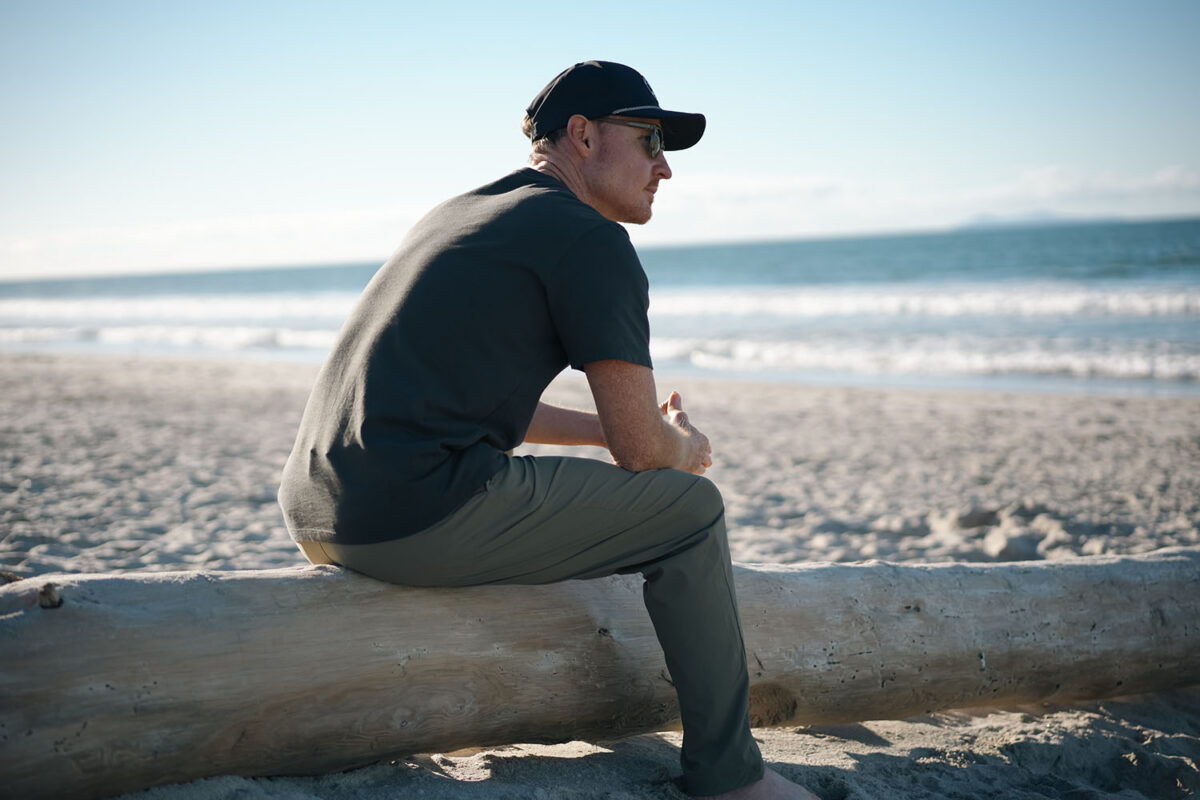 Brad wearing the Outerknown All-Terrain Pants in Dusty Marsh